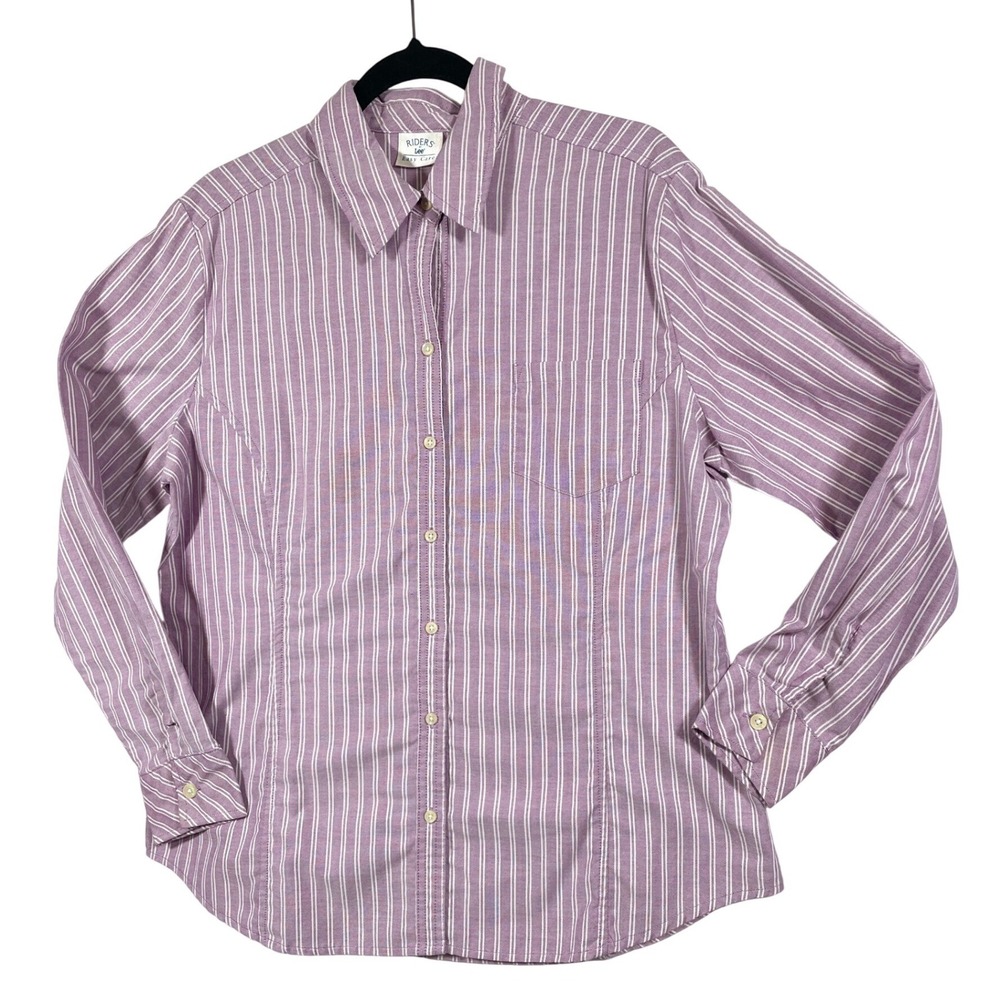 Riders by Lee Women XL Long Sleeve Button Up Shirt Purple White Stripe Easy Care